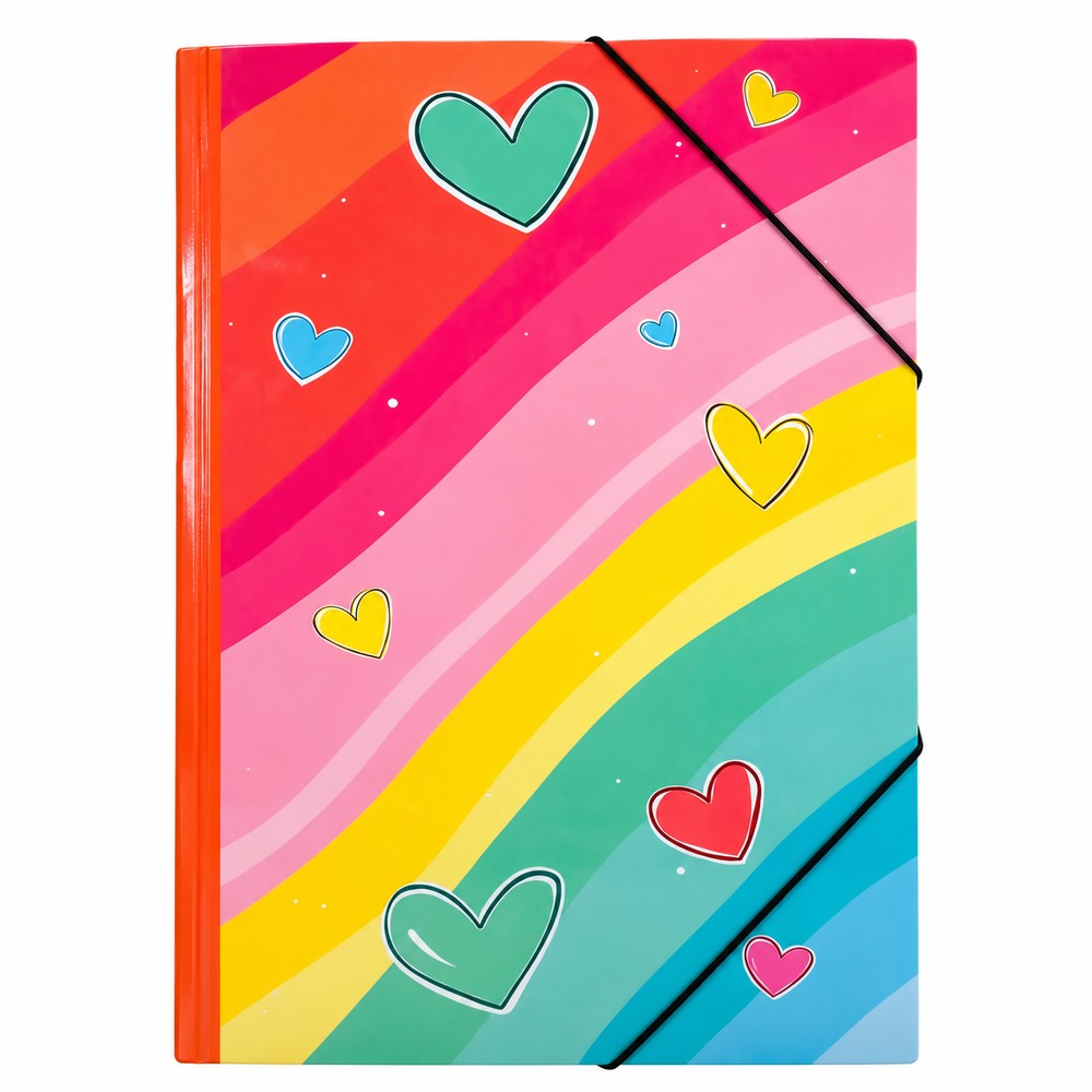 carpeta con elástico arcoíris y corazones